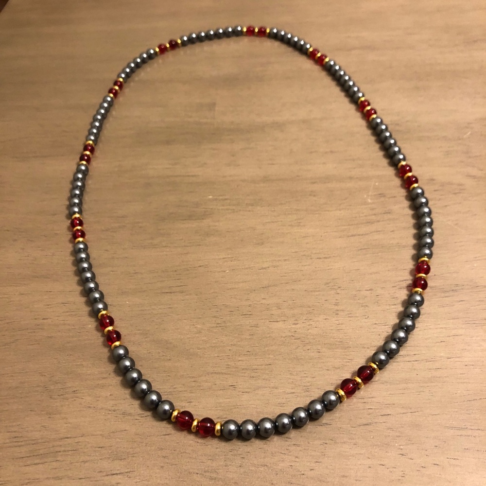 Vintage Red Gold and Metallic Gunmetal Silver Beaded Necklace